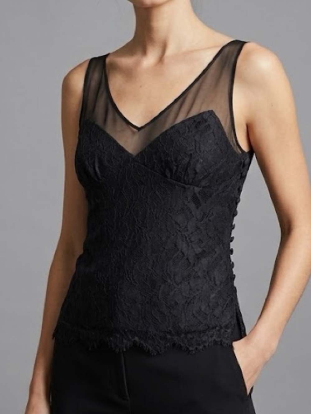 BCBGMAXAZRIA Black Silk Lace Bustier Cami Top Sheer Chiffon Covered Buttons L